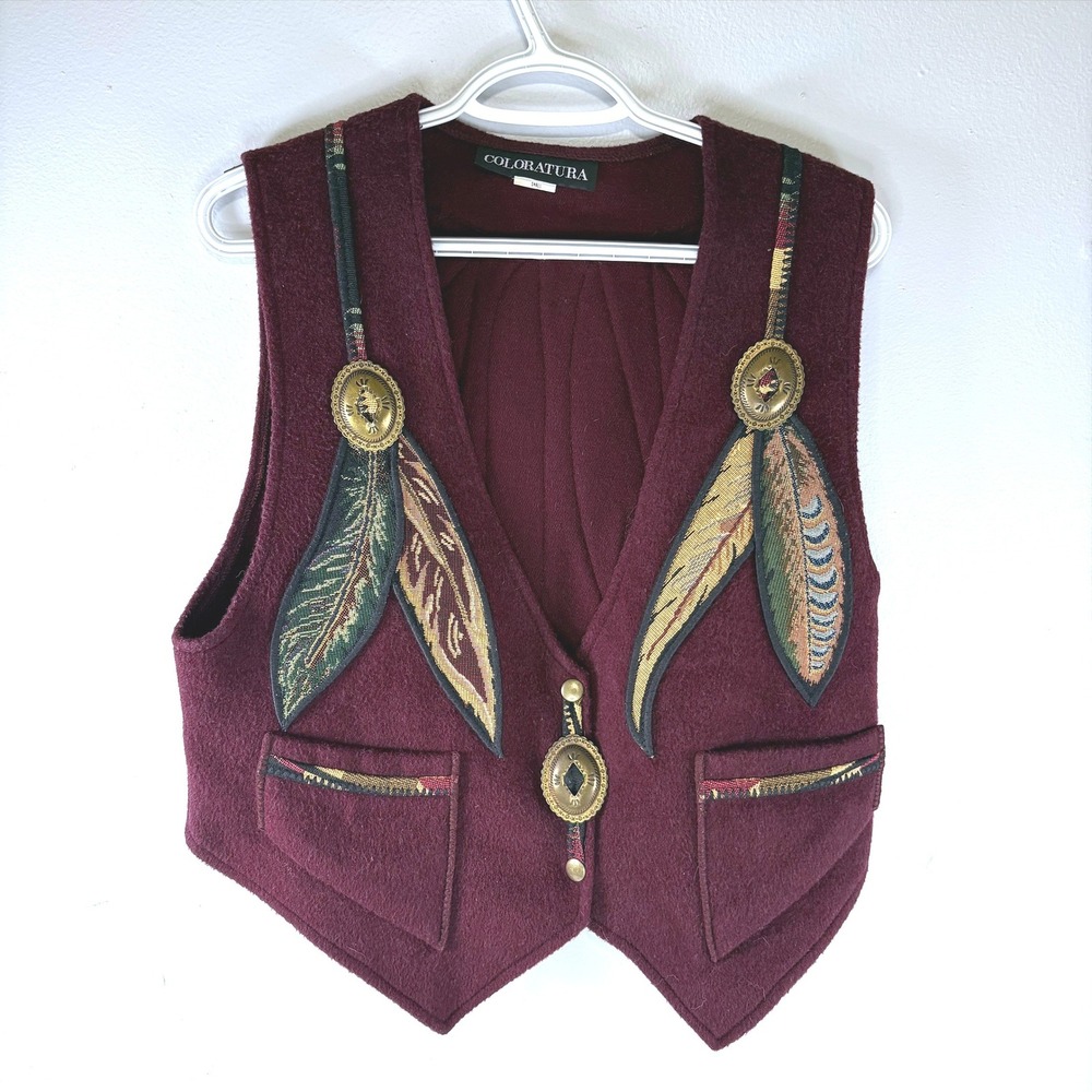 Coloratura Wool Mohair Vest Burgundy Feather Tapestry Concho Southwestern Small
